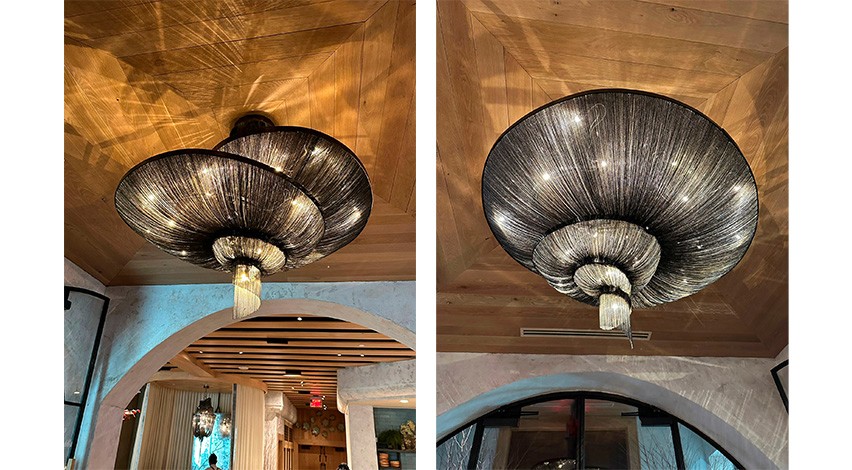 High-end Italian designer lighting and architectural chandeliers installed at Rumi's Kitchen Colony Square.