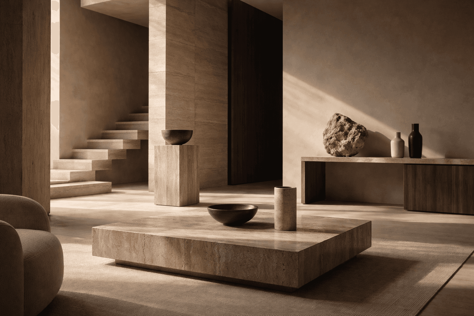Modern minimalist interior design with natural stone textures and a warm beige color palette.