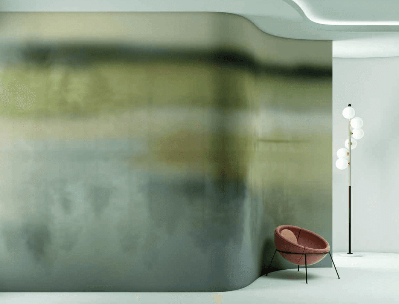 Modern interior architectural space featuring a geometric faceted wood-paneled ceiling and interior finishes in a building.