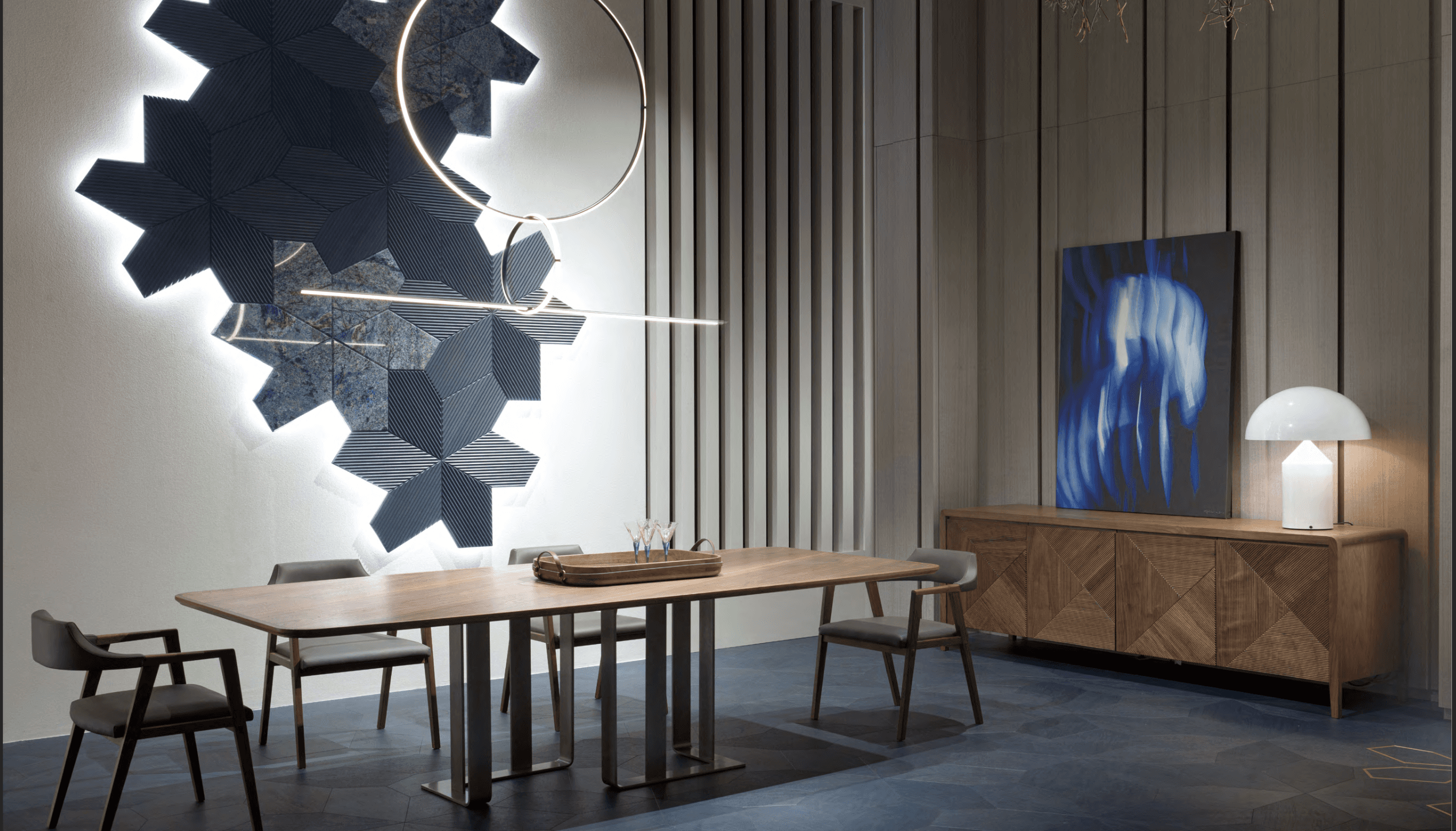 MateriaVita luxury interior showcasing wooden furniture, architectural 3D wall panels, and Italian designer lighting.