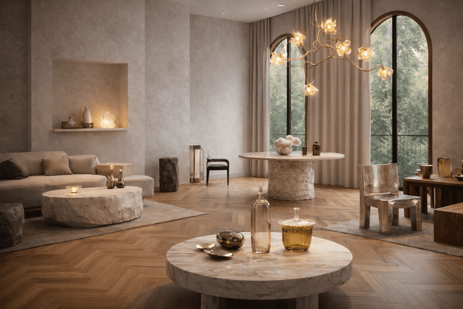 A bright, minimalist living space showcasing luxury interior materials and premium interior finishes.