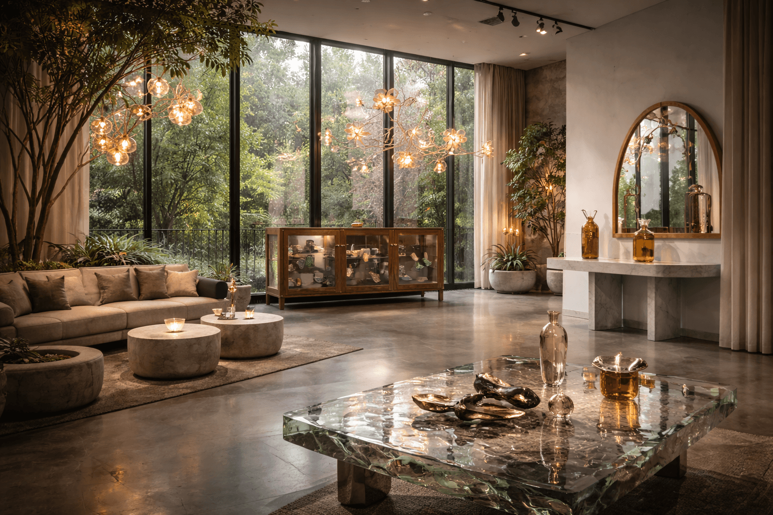 A luxurious living space featuring Italian designer lighting, bespoke wooden interiors, and premium interior finishes.