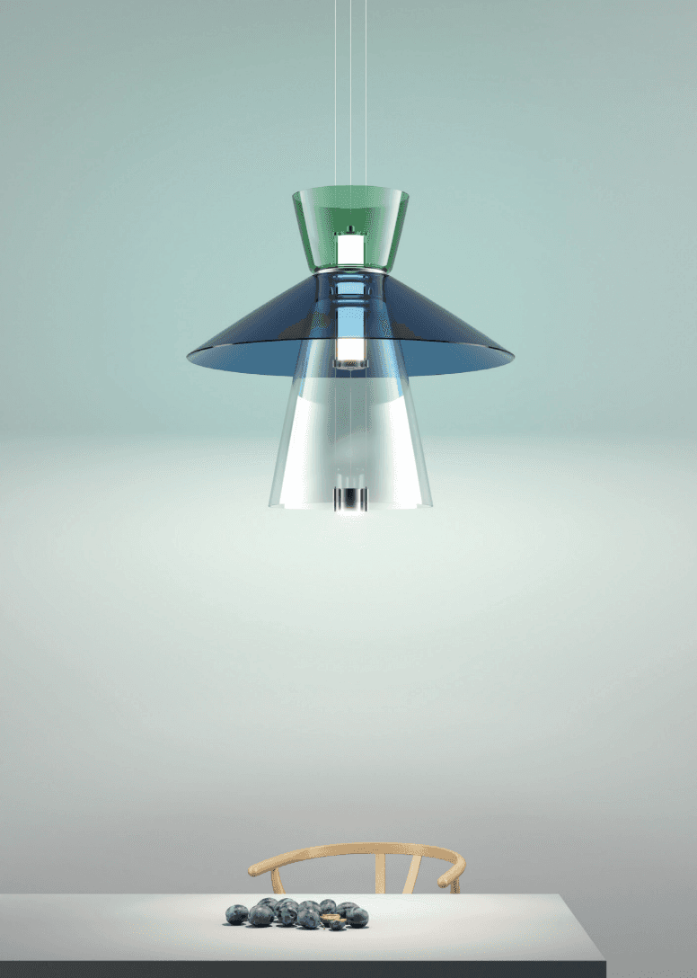 MateriaVita luxury interior showcasing a contemporary colored glass pendant light and modern dining room design.