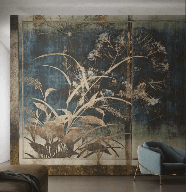 MateriaVita luxury interior showcasing botanical wallcoverings, artistic architectural finishes, and elegant furniture.