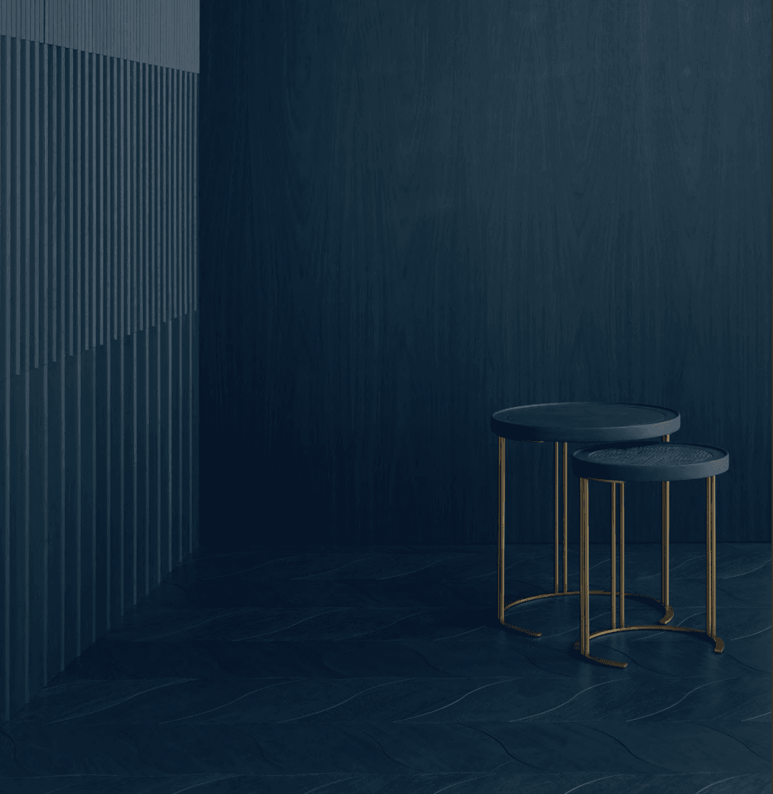 MateriaVita dark luxury interior showcasing 3D architectural wall panels, textured flooring, and brass nesting side tables.